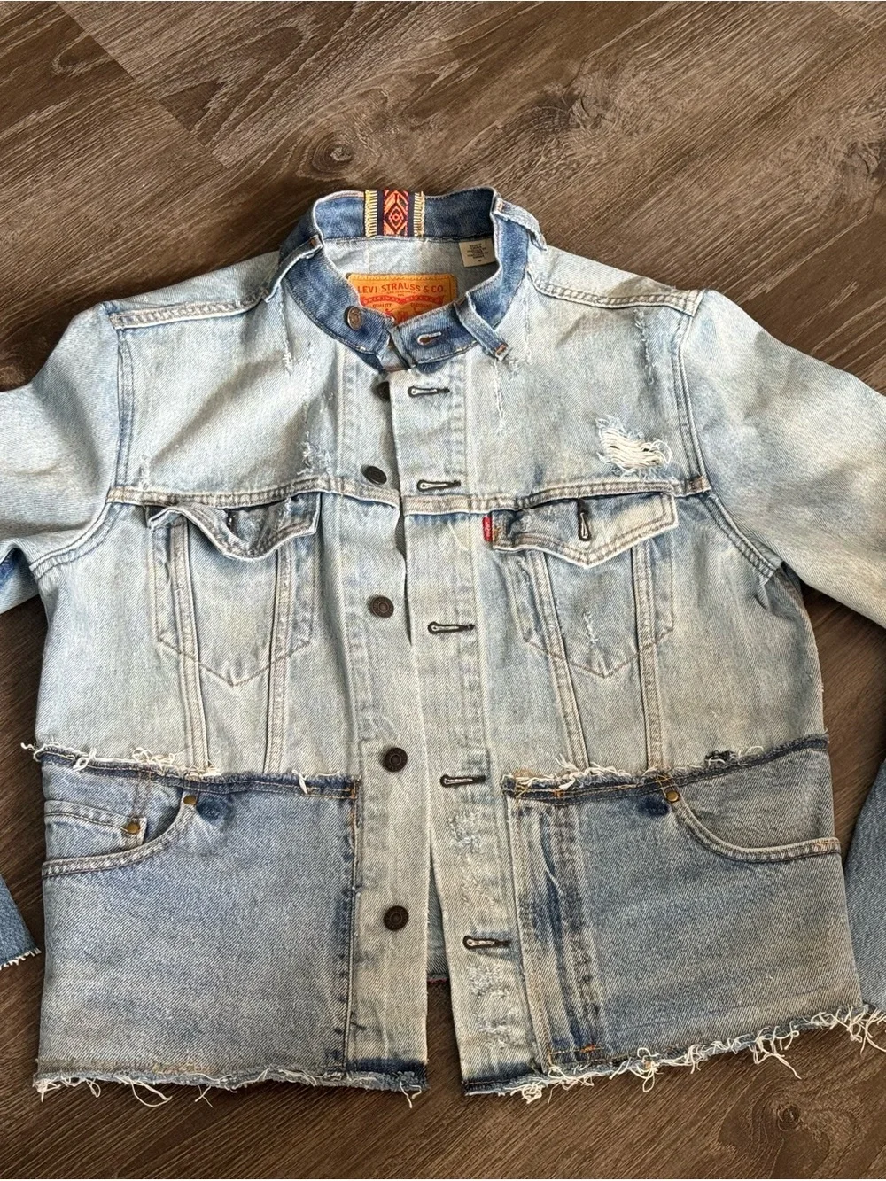 Levi's Upcycled Two-Tone Light Blue Distressed Denim Jacket - Picture 2 of 5